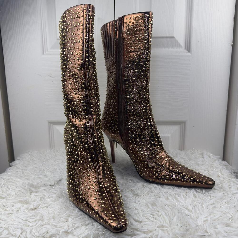 Jeffrey Campbell Bronze Studded Metallic Ankle High Boots Pointed Toe Heels - Picture 4 of 5